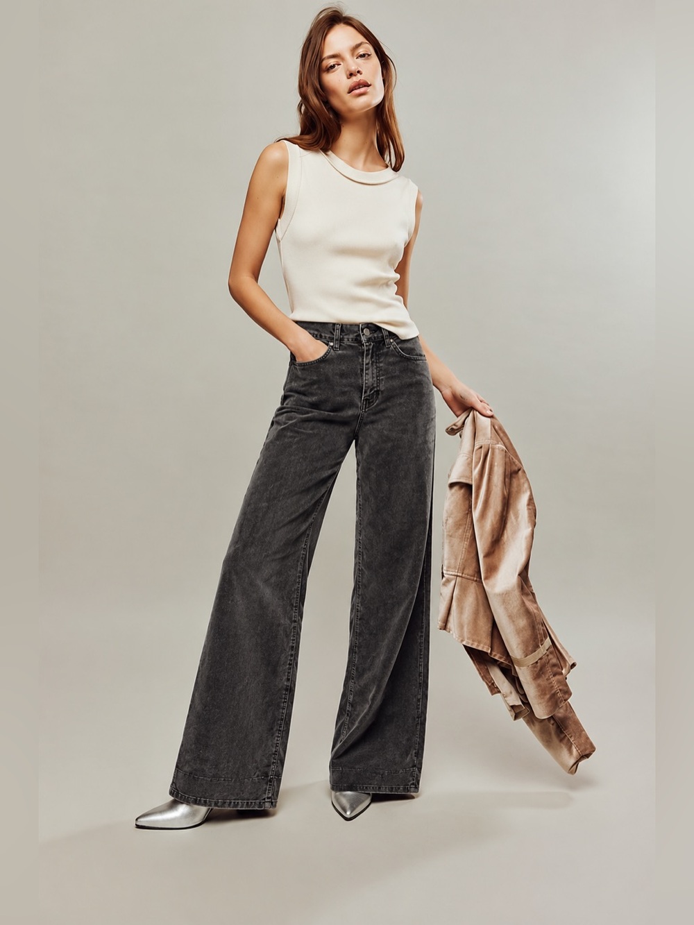 Pinkyotto New York Gray Velvet Jeans Wide Leg Panta Size Small